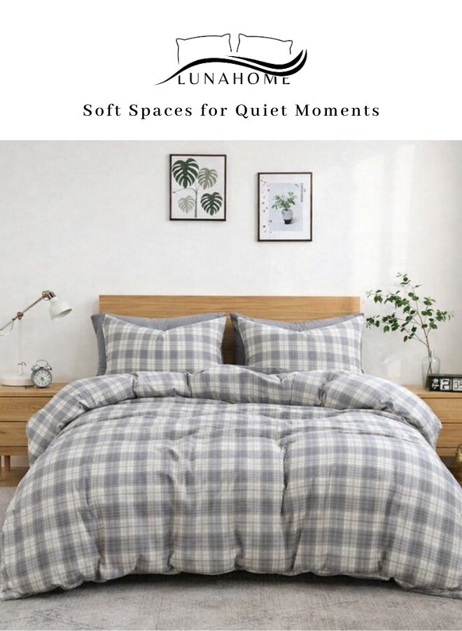 LUNA Home Queen Size 6 Pieces without filler complete, Grey Checkered Design Bedding set. - Image 1